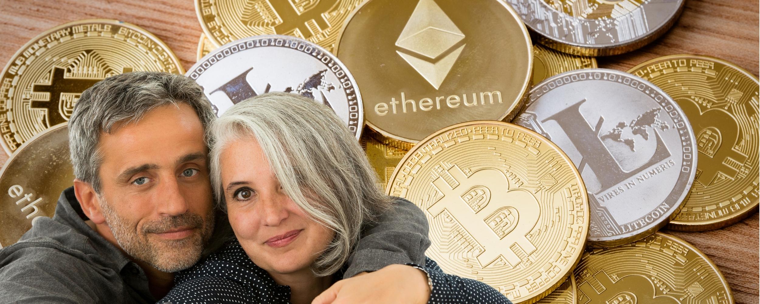 Photo of crypto coins with smiling couple